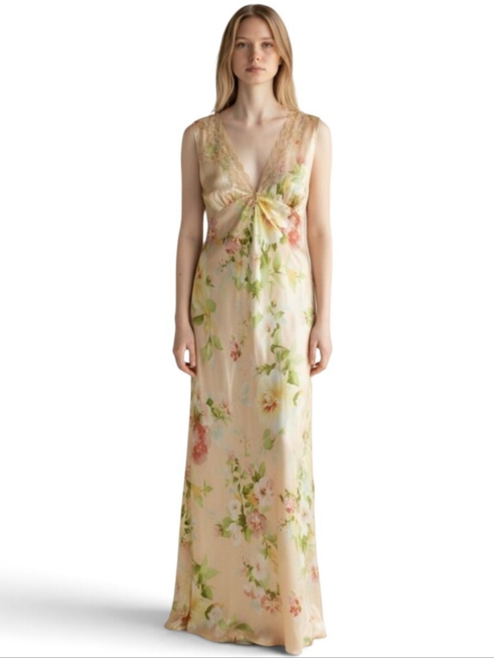 Oscar de la Renta Peach Floral Satin Maxi Slip Dress
